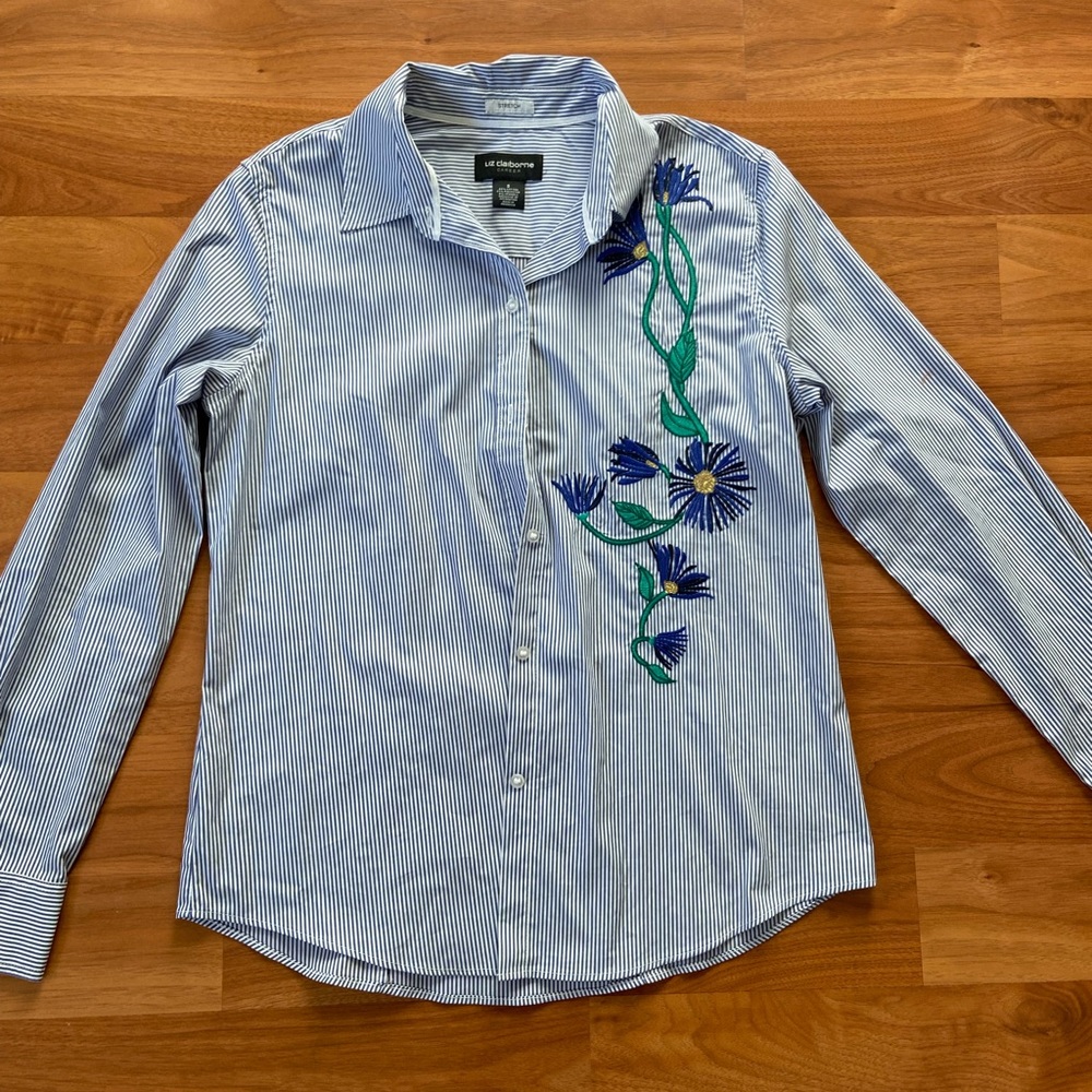 Pin Striped Button Down Long Sleeve Shirt with Embroidered Flowers
